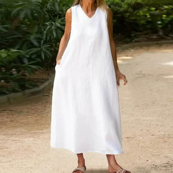 Jinhomg Womens Loose Cotton Dress Lightweight Comfy Summer Maxi Tank Dress Casual Solid Sleeveless V-Neck Vacation Beach Dresses with Pockets Summer Saving White L