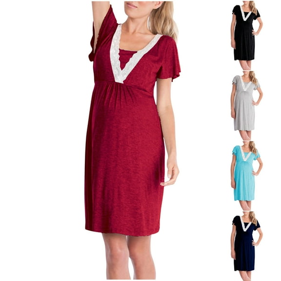 Jinhomg Womens Loose Pregnancy Dresses Soft Cozy Shorts Sleeve Cotton Maternity Dresses Fall Lightweight Casual Crew Neck Midi Dress Daily Wear Gray S