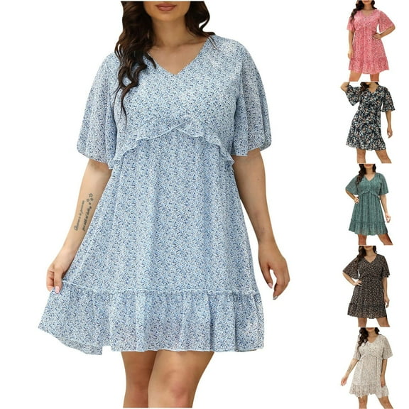 Jinhomg Womens Loose Summer Dress Elegant Ditsy Floral Print Ruffle Mini Dresses Plus Size Comfy Short Sleeve V-Neck Casual Dress Gray XL