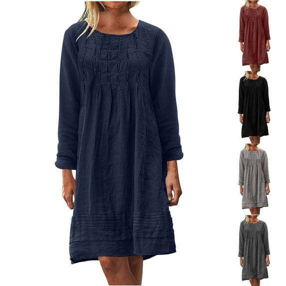 Jinhomg Womens Loose Summer Dresses Plus Size Comfy Cotton Linen Beach Dress Casual Solid Crew Neck Midi Dress Vacation Sundresses Summer Saving Navy XXXL