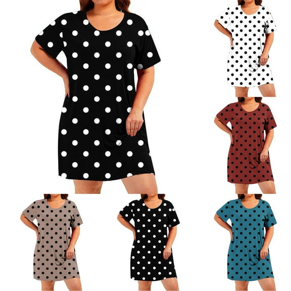 Jinhomg Womens Loose T Shirt Dress Cute Polka Dot Print Casual Dresses Plus Size Comfy Long Sleeve Crew Neck Midi Dress Daily Wear Prime Big Deal Days Scale Red XXXL