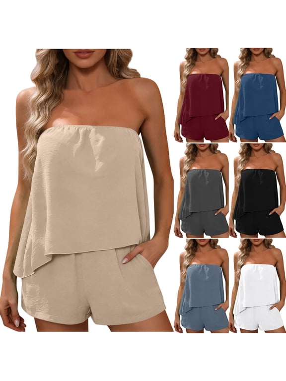 Womens Lounge Sets with Pockets Irregular Strapless Tube Top and Wide Leg Shorts Set Casual Lightweight Comfy Two Piece Outfits Beige,L