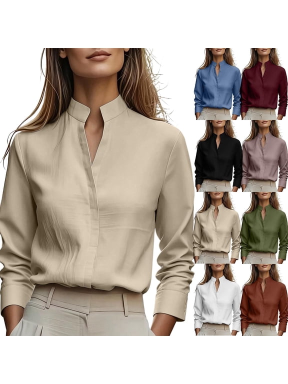Womens Mandarin Collar Tops Dressy Casual Work Blouse Split Notch Neck Long Sleeve Shirts Business Vacation Fall Clothes 2026 Beige,S