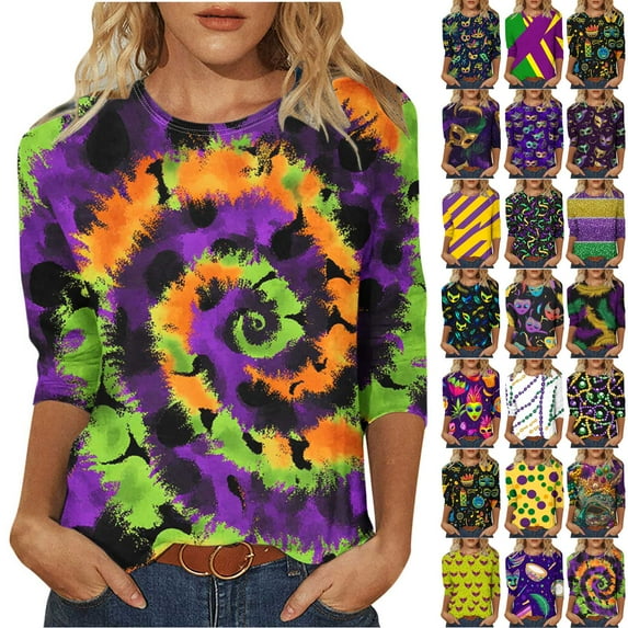 Jinhomg Womens Mardi Gras Shirt 2025 Novelty Mask Graphic Holiday Tees Lightweight Comfy 3/4 Sleeve Carnival Themed Pullover Tops Purple L