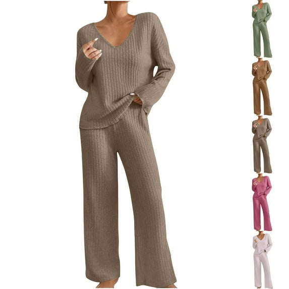 Jinhomg Womens Matching Lounge Set Ribbed Knit Long Sleeve Cozy V Neck Tracksuits And Long Pants Fall Winter Sweater Sets Khaki,L