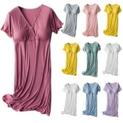 JINHOMG Womens Maternity Dress with Built in Bra Plus Size Cozy Nursing Nightgowns Short Sleeve V-Neck Midi Dress for Breastfeeding Women Yellow L