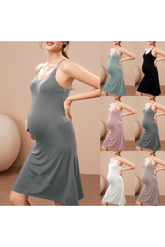 Womens Maternity Slip Dress Modal Cotton Midi Dresses Spaghetti Strap Cami Dress Sleeveless Nightgowns