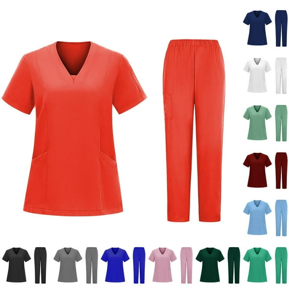 Jinhomg Womens Medical Scrubs Set 2 Piece Lightweight Nursing Uniform Casual Loose Short Sleeve V-Neck Tunics with Long Pants Summer Daily Workwear Army Green M