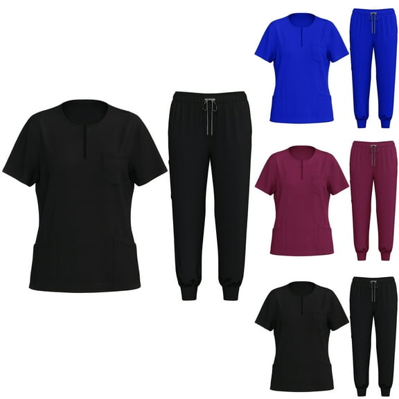 Jinhomg Womens Medical Uniforms 2 Piece Stretchy Comfy Summer Workwear Casual Solid Short Sleeve Crew Neck Scrub Shirt with Jogger Pants 90% off Clearance Sale Black S