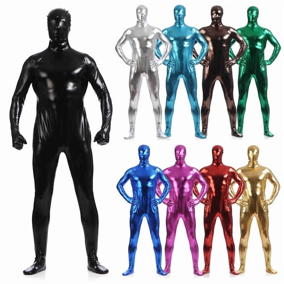 Jinhomg Womens Men's shiny patent leather cat suit full body latex tight zipper jumpsuit rubber clothing Slim Fit One Piece Outfits Black L