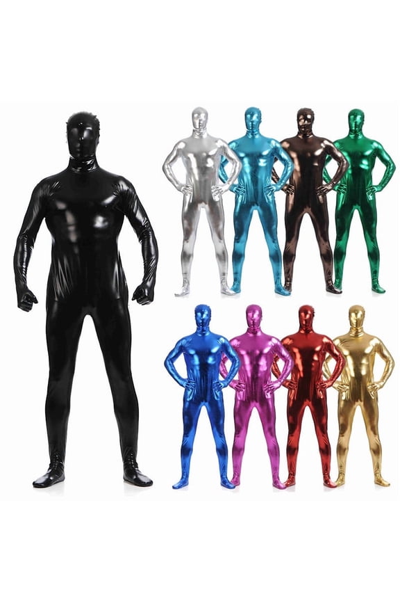 Womens Men's shiny patent leather cat suit full body latex tight zipper jumpsuit rubber clothing Slim Fit One Piece Outfits Black L