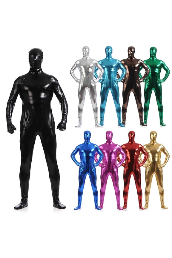 Womens Men's shiny patent leather cat suit full body latex tight zipper jumpsuit rubber clothing Slim Fit One Piece Outfits Yellow XXL