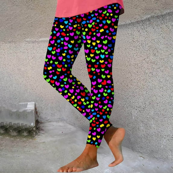 Jinhomg Womens Milk Silk Leggings Cute Heart Graphic Yoga Pants Fall Winter Thermal Ankle Length High Waist Tights Ladies Valentine's Day Gifts Seasonal Sale Multicolor XXL