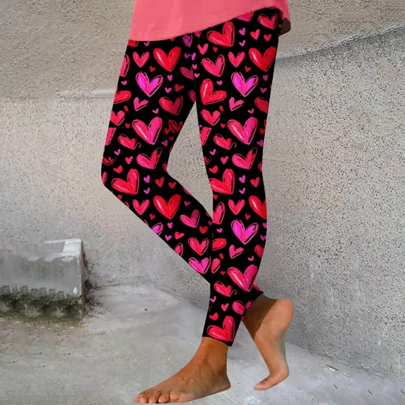 Jinhomg Womens Milk Silk Leggings Cute Heart Graphic Yoga Pants Fall Winter Thermal Ankle Length High Waist Tights Ladies Valentine's Day Gifts Winter Saving Multicolor XXL