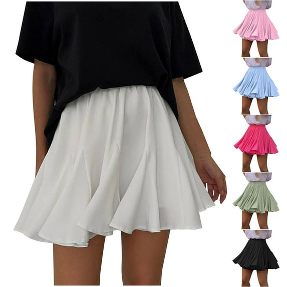 Jinhomg Womens Mini Skirt Cute Ruffled Hem Pleated Skirts Casual Comfy Elastic High Waist Skirt Flowy Swing Y2K Skirt Teen Girls Streetwear Hot Pink L