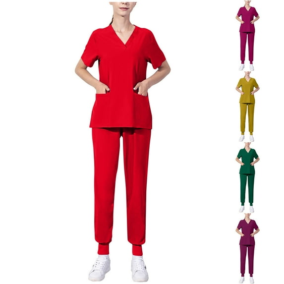 Jinhomg Womens Nursing Uniform Set Casual Loose Short Sleeve V-Neck Scrub Tops and Jogger Pants with Pockets 2 Piece Plain Solid Medical Workwear Green M
