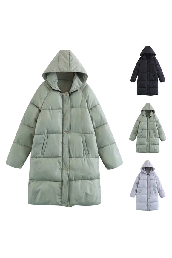 Womens Oversized Puffer Coat Comfy Long Length Hooded Down Jacket Fall Winter Warm Long Sleeve Button Down Padded Coats with Pockets Summer Saving Black S