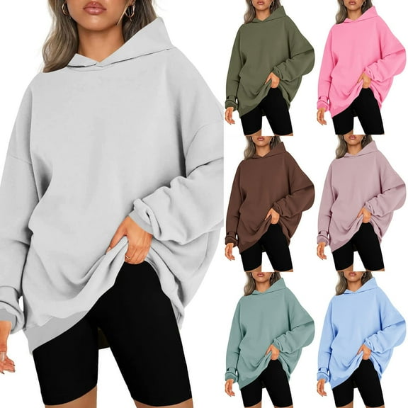 Jinhomg Womens Oversized Sweatshirt Fall Winter Casual Loose Solid Pullover Hoodie Vacation Lightweight Comfy Long Sleeve Hooded Sweatshirts Coffee M