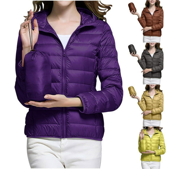 Jinhomg Womens Packable Puffer Coat Lightweight Cozy Full-Zip Hooded Jacket Fall Winter Warm Long Sleeve Down Coats with Pockets Purple L