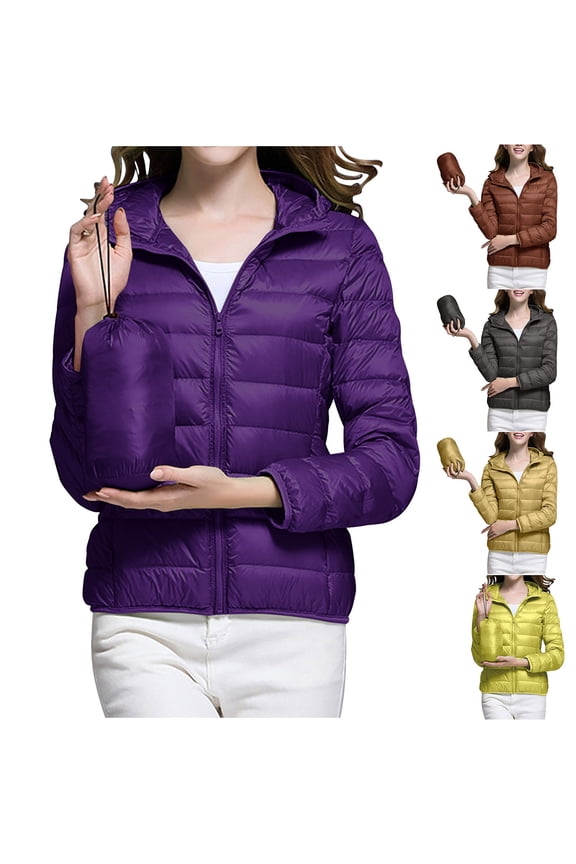Womens Packable Puffer Coat Lightweight Cozy Full-Zip Hooded Jacket Fall Winter Warm Long Sleeve Down Coats with Pockets Dark Gray XXL