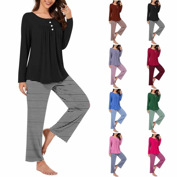 Jinhomg Womens Pajama Sets 2 Piece Pjs Sleepwear Soft Comfy Loungewear Long Sleeve Button Tunic Tops and Striped Pants Matching Pj Lounge Set Sky Blue M