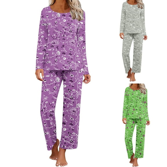 Jinhomg Womens Pajama Sets Floral Print Long Sleeve Crew Neck Tops and Pants Set Soft Sleepwear Pjs 2 Piece Loungewear Summer Saving Green XXL