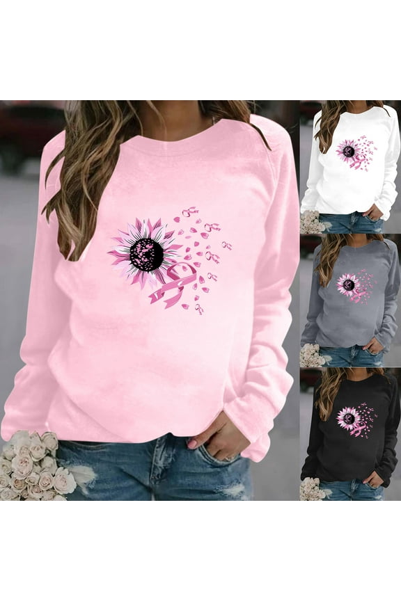 Womens Pink Ribbon T Shirt Long Sleeve Pink Ribbon Print Pullover Tops Dressy Cancer Awareness Crewneck Holiday Tops Gray L
