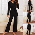 thumbnail image 1 of Jinhomg Womens Plain Pajamas Sets 2 Piece Casual Comfy Solid Loungewear Fall Thin Long Sleeve V-Neck Drawstring Waist Tops and Pants Sales Today Clearance Black S, 1 of 7