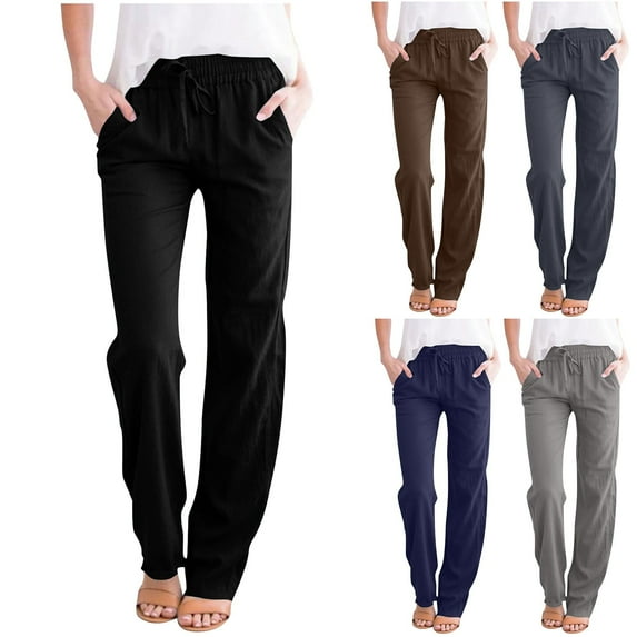 Jinhomg Womens Plain Pants Baggy Casual Solid Cotton Linen Lounge Pants Lightweight Comfy Elastic Drawstring Waist Trousers with Pockets Women Brown S