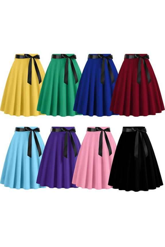 Womens Pleated Vintage Skirt 1950s Style Swing A-Line Skirts Casual Comfy High Waisted Midi Skirt Ladies Flowy Cocktail Party Night Out Skirts Blue XXL
