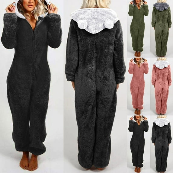 Jinhomg Womens Plus Size Fleece Onesies Winter Thicken Fuzzy Sherpa Jumpsuit Trendy Block Color One Piece Pajamas with Cute Bear Ear Hood Black XXXXXL
