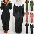 thumbnail image 1 of Jinhomg Womens Plus Size Fleece Onesies Winter Thicken Fuzzy Sherpa Jumpsuit Trendy Block Color One Piece Pajamas with Cute Bear Ear Hood Sales Today Clearance Black M, 1 of 9