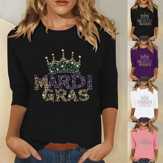 Jinhomg Womens Plus Size Mardi Gras Tops Novelty Fancy Letter Print Party Shirt Spring Lightweight 3/4 Sleeve Carnival Themed Party Pullovers Purple XL