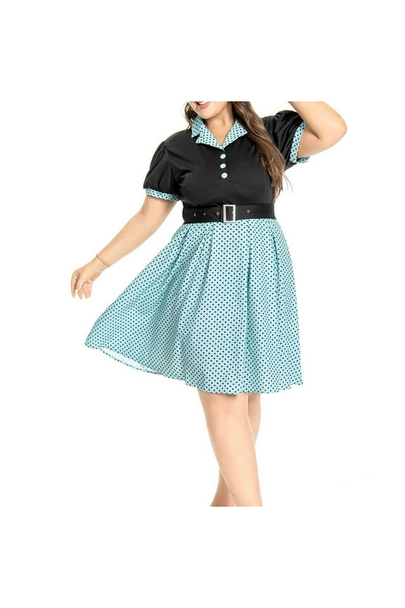 Womens Plus Size Party Dress Retro 1950S Polka Dot Midi Dresses Lightweight Comfy Short Sleeve Button Up Cocktail Dress Evening Prom Dress Light Blue XXXXL