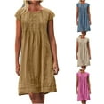thumbnail image 1 of Jinhomg Womens Plus Size Summer Dress Casual Comfy Cotton Linen Midi Dresses Plain Short Sleeve Crew Neck Ruched Dress Vacation Beach Dresses 2025 Saving Khaki S, 1 of 9