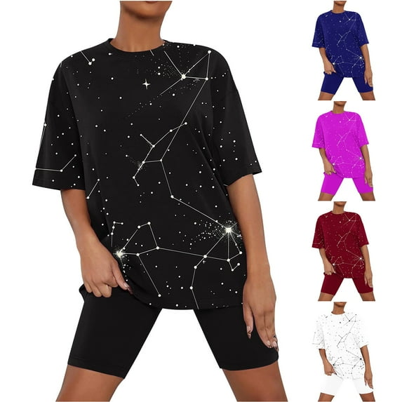 Jinhomg Womens Plus Size Summer Pajamas 2 Piece Lightweight Loungewear 2025 Novelty Star Print Crew Neck Tees with Short Pants Fall Saving White S