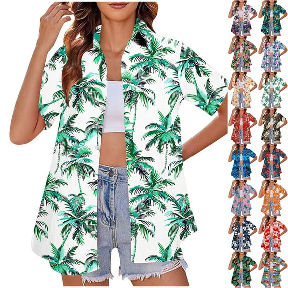 Jinhomg Womens Plus Size Summer Shirts Loose Fit Comfy Short Sleeve Hawaiian Shirt Casual Tropical Print Button Down Vacation Blouse Tops Multicolor XXXXL