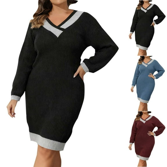 Jinhomg Womens Plus Size Sweater Dress Striped Long Sleeve Ribbed Knit Dress Winter Casual Loose Pullover Sweater Midi Dresses Blue XXXL