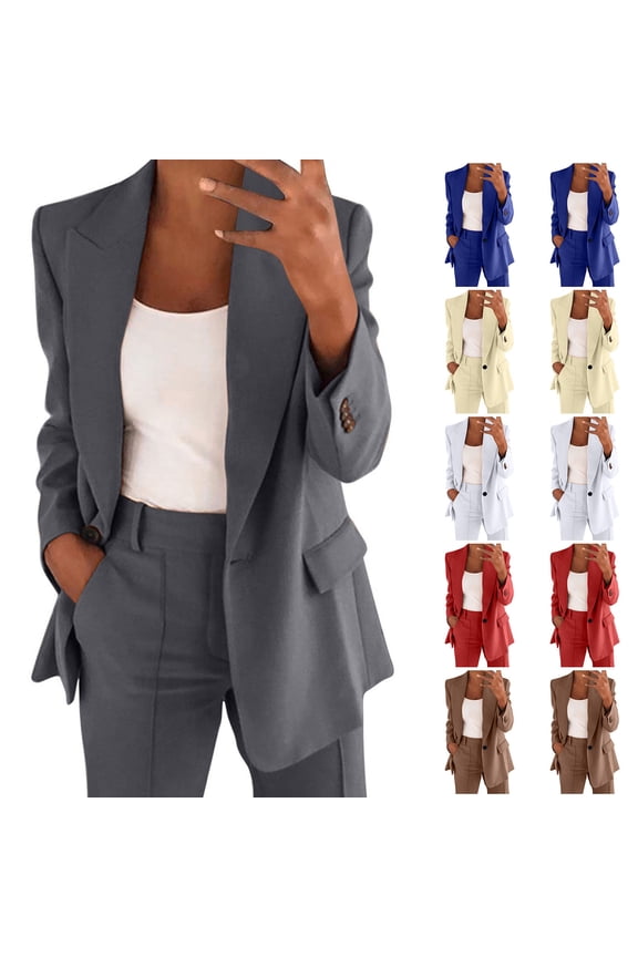 Womens Plus Size Work Suit Dressy Casual Blazer Jacket with Elastic Waist Pants 2 Piece Plain Solid Business Blazer Sets Red M