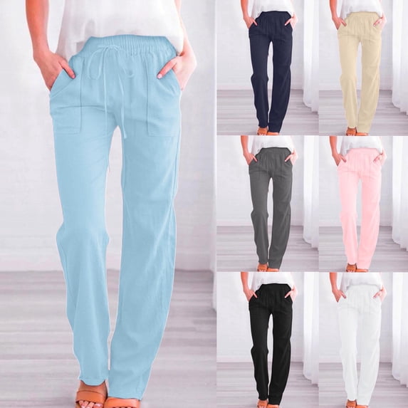 Jinhomg Womens Plus Size Yoga Pants Baggy Comfy Elastic Drawstring Waist Lounge Pant Basic Solid Spring Summer Trousers with Pockets Beige XXXL