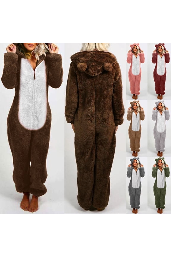 Womens Plush Hooded Jumpsuit Cute Cat Ear Zip-Up Hooded Jumpsuit Winter Thermal Comfy Long Sleeve One Piece Bodysuits 2025 Saving Green L