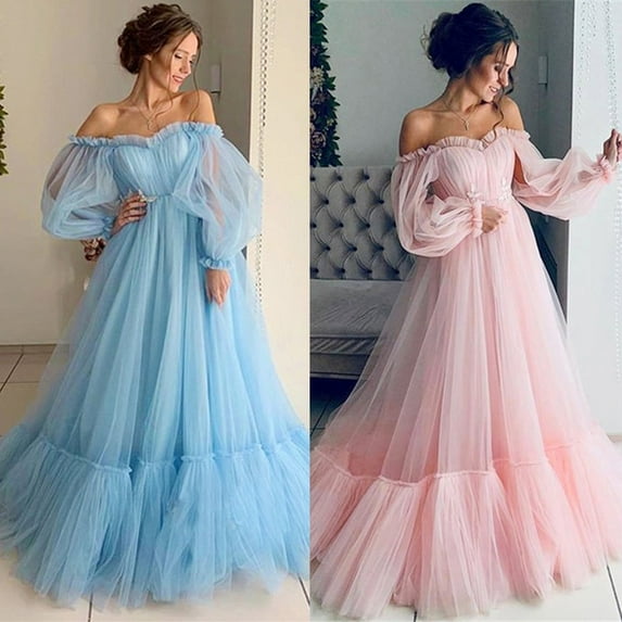 Jinhomg Womens Puffy Tulle Prom Dress Elegant off The Shoulder Maxi Dresses formal Tiered Mesh Evening Ball Gowns Pink L