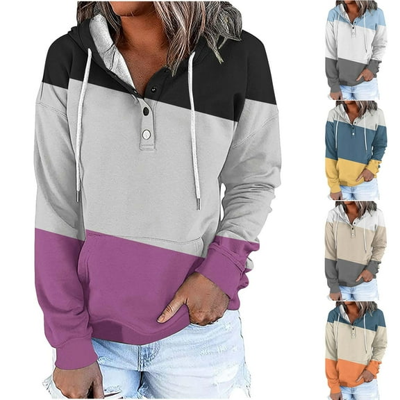 Jinhomg Womens Quarter Button Up Sweatshirt Fashion Long Sleeve Color Block Hoodies Fall Lightweight Comfort Pullover Top with Pocket Prime Big Deal Days Navy S