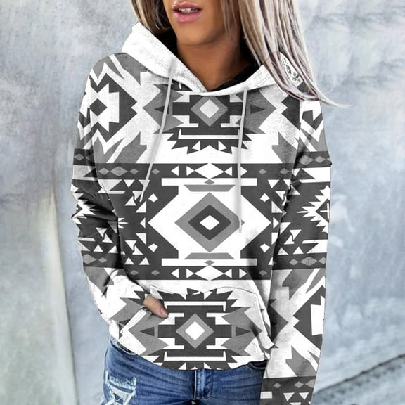 Jinhomg Womens Retro Sweatshirt Western Aztec Ethnic Style Hoodies Casual Geometric Printed Long Sleeve Hooded Sweatshirt with Kangaroo Pocket Seasonal Sale Gray L