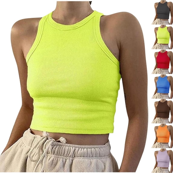 Jinhomg Womens Ribbed Tank Tops Crewneck Sleeveless Shirts High Neck Slim Fit Crop Tops Coffee L