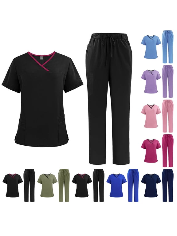 Womens Scrubs with Pockets Casual Colorblock V-Neck Caregiver Tops and Straight Leg Long Pants 2 Piece Loose Fit Nurse Workwear Pink XL