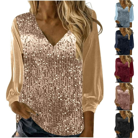 Jinhomg Womens Sequin Velvet Tops Glitter Sparkly V-Neck Long Sleeve Pullover Dressy Evening Cocktail Party Blouses Gold,XXXL