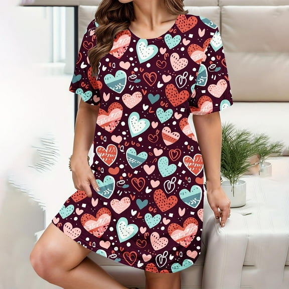 Jinhomg Womens Sleep Dresses Plus Size Comfy Short Sleeve Crew Neck Nightgown Casual Heart Print Midi Dresses Ladies Cute Holiday Gifts Deal of The Day Multicolor XXL