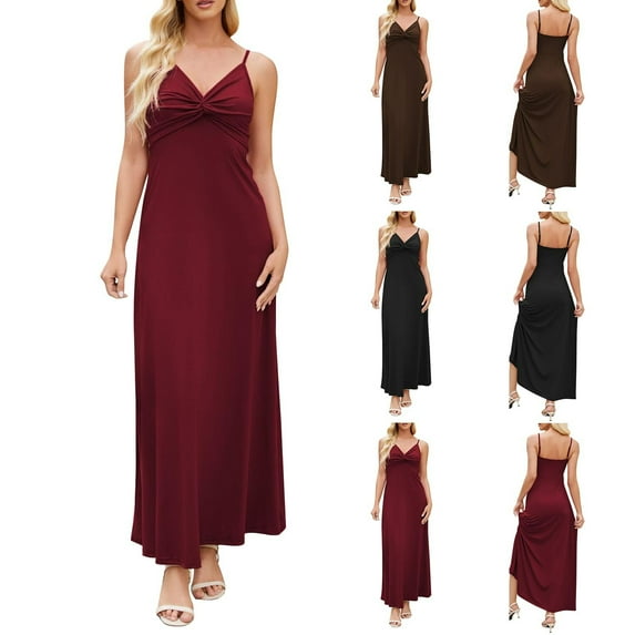 Jinhomg Womens Sleeveless Maxi Dress Elegant Spaghetti Strap Ruched V-Neck Dresses formal Backless Cocktail Party Wedding Guest Dress Wine XXL