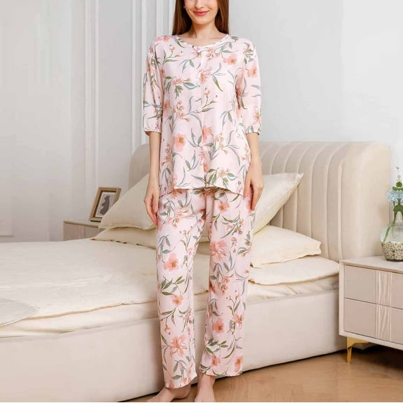 Jinhomg Womens Soft Cotton Pajamas Elegant Floral Print Long Sleeve Button Down Tops and Straight Pants Sets 2 Piece Casual Sleepwear Loungewear Pink XL
